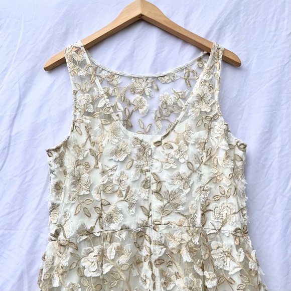 ADRIANNA PAPELL | METALLIC FLORAL EMBROIDERED FIT & FLARE GOWN IVORY GOLD DRESS - Picture 10 of 13